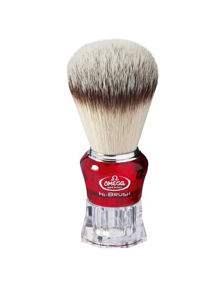 Brocha de afeitar Omega en fibra sintética Hi-Brush con mango de plástico color transparente, metacrilato