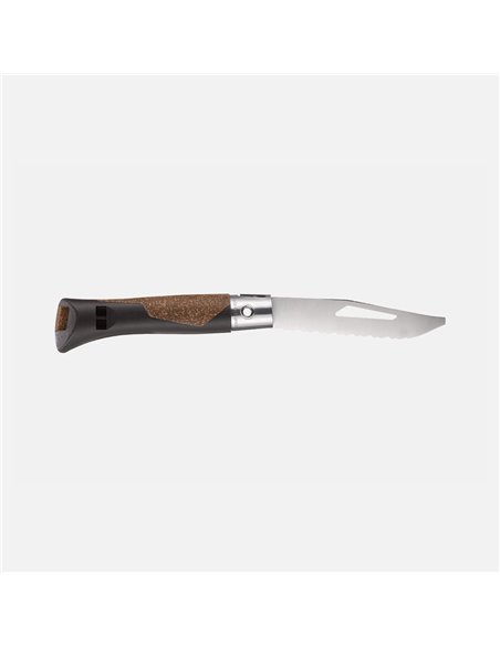 Detalle del mango del Opinel néo7 Alpine marrón oscuro con corcho y polipropileno reforzado  