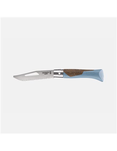 Detalle del mango azul glaciar del Opinel néo7 Alpine con corcho y polipropileno reforzado