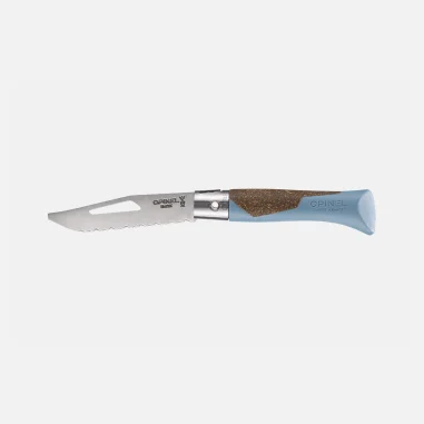 Detalle del mango azul glaciar del Opinel néo7 Alpine con corcho y polipropileno reforzado