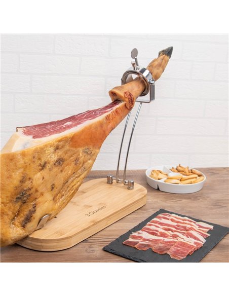 Soporte Jamonero Giratorio Plegable 3 Claveles – Bambú y Acero Inoxidable