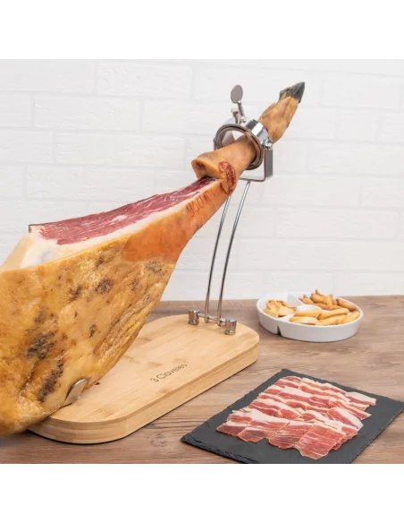 Soporte Jamonero Giratorio Plegable 3 Claveles – Bambú y Acero Inoxidable