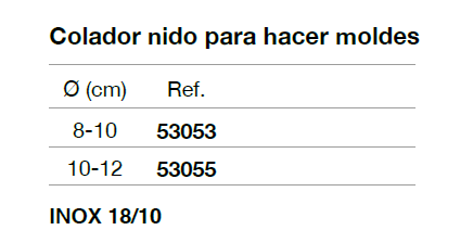 Medidas disponibles colador nido Inoxibar